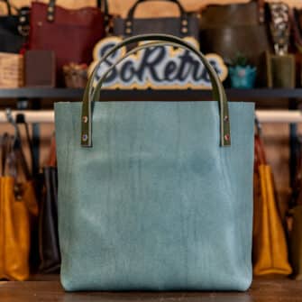 Alternative view of SoRetro Especial Perfect FYG Leather Crossbody Tote – Gram's KitchenAid with Exclusivo Grove Park Gardens Snow on Lilac Cotton Webbing – Chromalusion Hardware