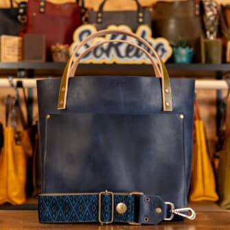 SoRetro Perfect FYG Leather Crossbody Tote – Acque Notturne with Limited Midnight River Trails on Dark Olive Cotton Webbing – Bronze Hardware