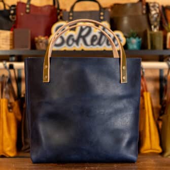 Alternative view of SoRetro Perfect FYG Leather Crossbody Tote – Acque Notturne with Limited Midnight River Trails on Dark Olive Cotton Webbing – Bronze Hardware