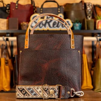 SoRetro Limited Perfect FYG Leather Crossbody Tote – Lake Bluff Sequoia with Limited Daisy Day on Cinnamon Cotton Webbing – Bronze Hardware