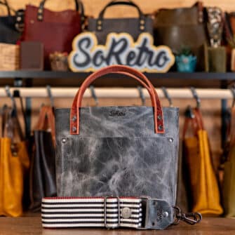 SoRetro Mini FYG Leather Crossbody Tote - Corvus with Limited The Black Stripes on Lackawanna Railway Webbing – Gunmetal Hardware