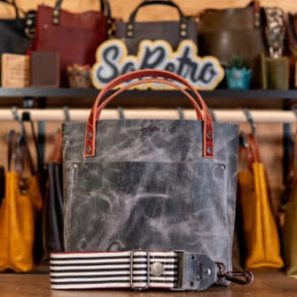 SoRetro Mini+ FYG Leather Crossbody Tote – Corvus with Limited The Black Stripes on Lackawanna Railway Webbing – Gunmetal Hardware