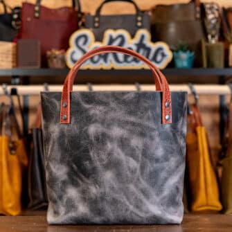 Alternative view of SoRetro Mini+ FYG Leather Crossbody Tote – Corvus with Limited The Black Stripes on Lackawanna Railway Webbing – Gunmetal Hardware