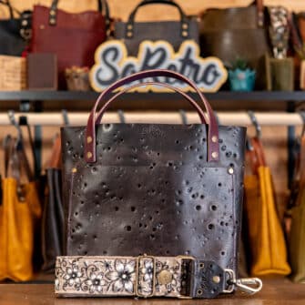 SoRetro Limited Verdura Mini+ FYG Leather Crossbody Tote – Mare Di Tranquillità with Exclusivo Mystic Beach on SortaWide Serape Stripes Surprise Webbing – Bronze Hardware