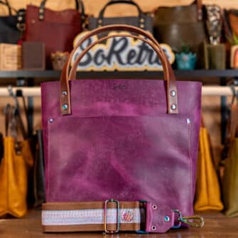 SoRetro Verdura Perfect FYG Leather Crossbody Tote – Prugna Succosa with Limited Wooly Spring Racer on Milk Chocolate Cotton Webbing – Chromalusion Hardware