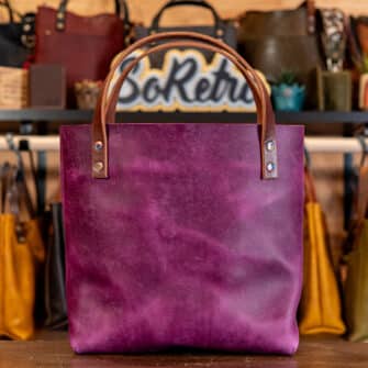 Alternative view of SoRetro Verdura Perfect FYG Leather Crossbody Tote – Prugna Succosa with Limited Wooly Spring Racer on Milk Chocolate Cotton Webbing – Chromalusion Hardware