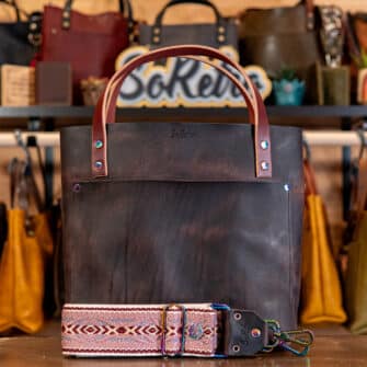 SoRetro Verdura Perfect FYG Leather Crossbody Tote – Piazza di Manioca with Limited Cable Cardi Rose on Dark Cherry Cotton Webbing – Chromalusion Hardware