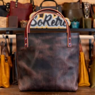 Alternative view of SoRetro Verdura Perfect FYG Leather Crossbody Tote – Piazza di Manioca with Limited Cable Cardi Rose on Dark Cherry Cotton Webbing – Chromalusion Hardware