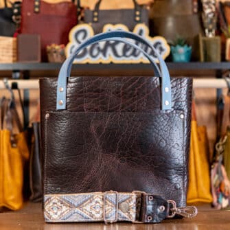 SoRetro Perfect FYG Leather Crossbody Tote – Thicc Boi Super Chunk Cocoa Bean with Exclusivo Gatsby Winter Steel on Otsego Stripes Beige Webbing – Silver Hardware