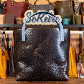 Alternative view of SoRetro Perfect FYG Leather Crossbody Tote – Thicc Boi Super Chunk Cocoa Bean with Exclusivo Gatsby Winter Steel on Otsego Stripes Beige Webbing – Silver Hardware