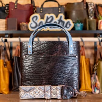 SoRetro Mini+ FYG Leather Crossbody Tote – Thicc Boi Super Chunk Cocoa Bean with Exclusivo Gatsby Winter Steel on Otsego Stripes Beige Webbing – Silver Hardware