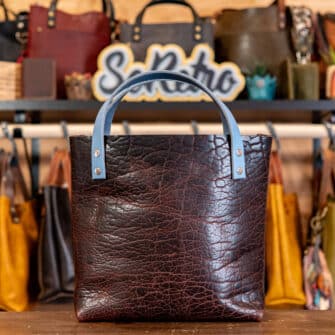 Alternative view of SoRetro Mini+ FYG Leather Crossbody Tote – Thicc Boi Super Chunk Cocoa Bean with Exclusivo Gatsby Winter Steel on Otsego Stripes Beige Webbing – Silver Hardware