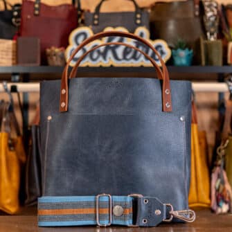 SoRetro Perfect FYG Leather Crossbody Tote – Pantaloni Preferiti with Limited Polesitter Cinnamon on Dusty Blue Cotton Webbing – Silver Hardware