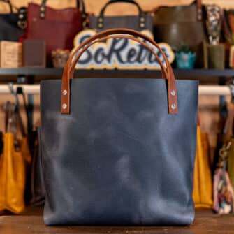 Alternative view of SoRetro Perfect FYG Leather Crossbody Tote – Pantaloni Preferiti with Limited Polesitter Cinnamon on Dusty Blue Cotton Webbing – Silver Hardware