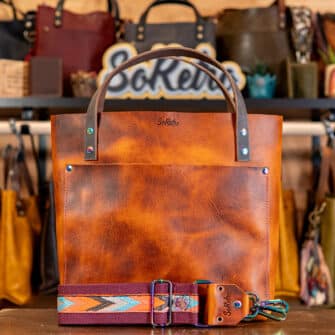 SoRetro Verdura Perfect FYG Leather Crossbody Tote – Tramonto Amaretto with South Beach Chevron on Dark Cherry Cotton Webbing – Chromalusion Hardware