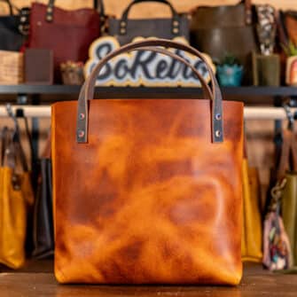 Alternative view of SoRetro Verdura Perfect FYG Leather Crossbody Tote – Tramonto Amaretto with South Beach Chevron on Dark Cherry Cotton Webbing – Chromalusion Hardware