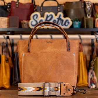 SoRetro Mini+ FYG Leather Crossbody Tote – Cowboy Kate with Solstice Chevron on Khaki Cotton Webbing – Gunmetal Hardware