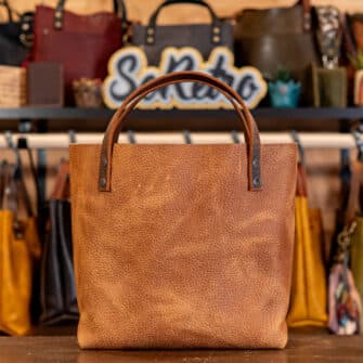 Alternative view of SoRetro Mini+ FYG Leather Crossbody Tote – Cowboy Kate with Solstice Chevron on Khaki Cotton Webbing – Gunmetal Hardware