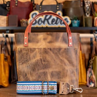 SoRetro Perfect FYG Leather Crossbody Tote – Distressed Canyon with Limited Denali Frontier on Cobalt Cotton Webbing – Bronze Hardware