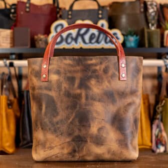 Alternative view of SoRetro Perfect FYG Leather Crossbody Tote – Distressed Canyon with Limited Denali Frontier on Cobalt Cotton Webbing – Bronze Hardware