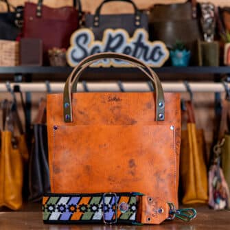 SoRetro Verdura Mini+ FYG Leather Crossbody Tote – Monte Sorbetto with Limited Sliding Daisies Lavender Garden on Khaki Cotton Webbing – Chromalusion Hardware