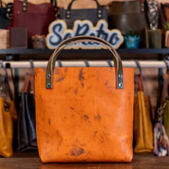 Alternative view of SoRetro Verdura Mini+ FYG Leather Crossbody Tote – Monte Sorbetto with Limited Sliding Daisies Lavender Garden on Khaki Cotton Webbing – Chromalusion Hardware