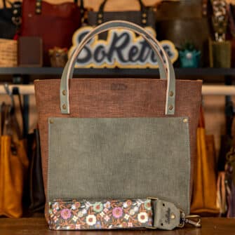 SoRetro Verdura Two Tone Perfect FYG Leather Crossbody Tote – La Tela Montagna and La Tela Rosmarino with Exclusivo Autumnal Sage on Mocha Cotton Webbing – Bronze Hardware