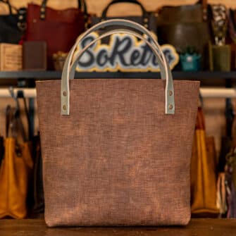 Alternative view of SoRetro Verdura Two Tone Perfect FYG Leather Crossbody Tote – La Tela Montagna and La Tela Rosmarino with Exclusivo Autumnal Sage on Mocha Cotton Webbing – Bronze Hardware