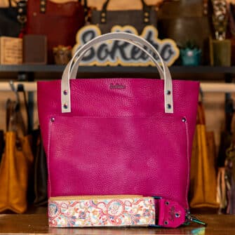 SoRetro Verdura Perfect FYG Leather Crossbody Tote – Lago di Magenta with Exclusivo Ravenna Paisley Summer on Dune Cotton Webbing – Chromalusion Hardware