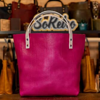 Alternative view of SoRetro Verdura Perfect FYG Leather Crossbody Tote – Lago di Magenta with Exclusivo Ravenna Paisley Summer on Dune Cotton Webbing – Chromalusion Hardware