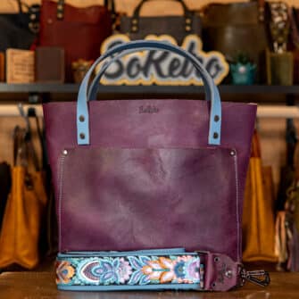 SoRetro Perfect FYG Leather Crossbody Tote – Grapeshot with Exclusivo Echeveria Garden Lavender on Dusty Blue Cotton Webbing – Gunmetal Hardware