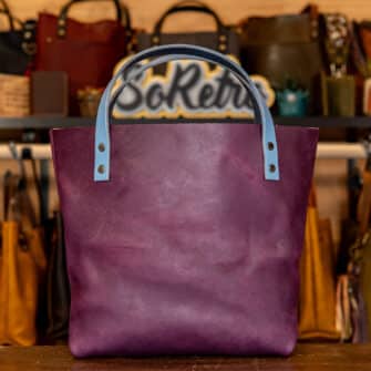 Alternative view of SoRetro Perfect FYG Leather Crossbody Tote – Grapeshot with Exclusivo Echeveria Garden Lavender on Dusty Blue Cotton Webbing – Gunmetal Hardware