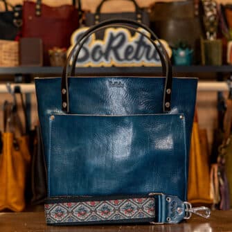 SoRetro Verdura Perfect FYG Leather Crossbody Tote – Topazio Fantasia with Limited Intro to Cross Stitch on Black Cotton Webbing – Silver Hardware