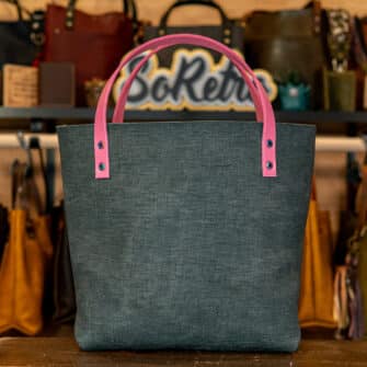 Alternative view of SoRetro Verdura Perfect FYG Leather Crossbody Tote – La Tela Grigia with Exclusivo Grove Park Gardens Gray on Pink Cotton Webbing – Chromalusion Hardware