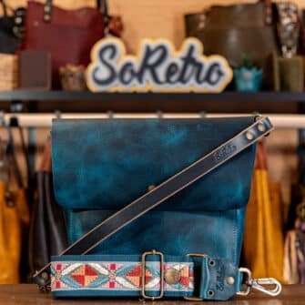 SoRetro Verdura Mini Traveler FYG Leather Crossbody Tote – Abisso Italiano with Exclusivo Folk Diamonds Rust on Dark Teal Cotton Webbing – Bronze Hardware