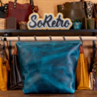 Alternative view of SoRetro Verdura Mini Traveler FYG Leather Crossbody Tote – Abisso Italiano with Exclusivo Folk Diamonds Rust on Dark Teal Cotton Webbing – Bronze Hardware