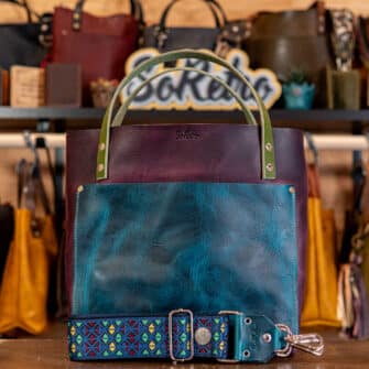 SoRetro Verdura Two Tone Perfect FYG Leather Crossbody Tote – Lampone Nero and Abisso Italiano with Textbook Geometry on Sonoma Coast Waves Webbing – Silver Hardware