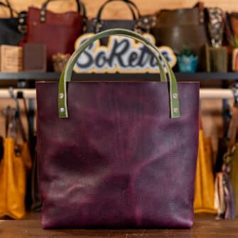 Alternative view of SoRetro Verdura Two Tone Perfect FYG Leather Crossbody Tote – Lampone Nero and Abisso Italiano with Textbook Geometry on Sonoma Coast Waves Webbing – Silver Hardware