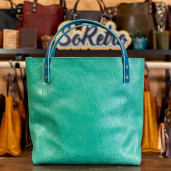 Alternative view of SoRetro Verdura Two Tone Perfect FYG Leather Crossbody Tote – Soia Fresca and Aglio Bruciato with Isosceles Explosion on Anchor Bay Beach Waves Webbing – Bronze Hardware