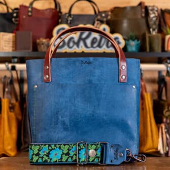 SoRetro Verdura Perfect FYG Leather Crossbody Tote – Indaco Antico with Limited Electric Oleander on Dark Cherry Cotton Webbing – Gunmetal Hardware