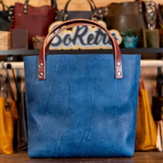 Alternative view of SoRetro Verdura Perfect FYG Leather Crossbody Tote – Indaco Antico with Limited Electric Oleander on Dark Cherry Cotton Webbing – Gunmetal Hardware