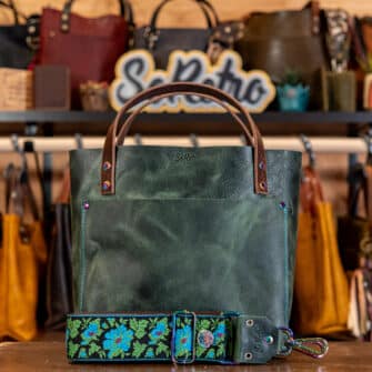 SoRetro Especial Reservo Mini+ FYG Leather Crossbody Tote – Señora del Rosario with Limited Electric Oleander on Chocolate Cotton Webbing – Chromalusion Hardware