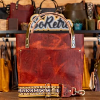 SoRetro Perfect FYG Leather Crossbody Tote – Mars Valley with Banyan Bay on Super Special Striped SoRetro Webbing – Bronze Hardware