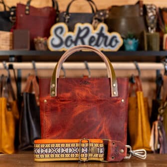 SoRetro Mini FYG Leather Crossbody Tote - Mars Valley with Banyan Bay on Super Special Striped SoRetro Webbing – Bronze Hardware