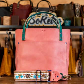 SoRetro Verdura Perfect FYG Leather Crossbody Tote – Radicchio Rosa with Limited San Cristobal on Vintage Pink Cotton Webbing – Chromalusion Hardware
