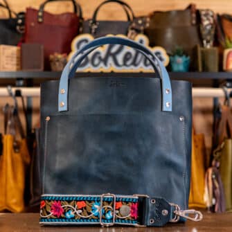 SoRetro Verdura Perfect FYG Leather Crossbody Tote – Pannocchia Di Mais Blu with Oaxaca Flowers Blue on Dusty Blue Cotton Webbing – Silver Hardware