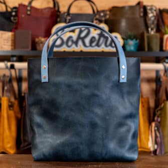 Alternative view of SoRetro Verdura Perfect FYG Leather Crossbody Tote – Pannocchia Di Mais Blu with Oaxaca Flowers Blue on Dusty Blue Cotton Webbing – Silver Hardware