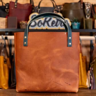 Alternative view of SoRetro Especial Perfect FYG Leather Crossbody Tote – Glowstone with Oaxaca Flowers Pink on Dark Teal Cotton Webbing – Bronze Hardware - Perfectly Imperfect