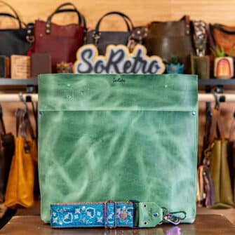 SoRetro Verdura BYG FYG Leather Crossbody Tote – Scorza Di Anguria with Exclusivo Baby's Breath Ocean on Wide Nubby Rainbow for Webbing – Chromalusion Hardware