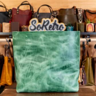 Alternative view of SoRetro Verdura BYG FYG Leather Crossbody Tote – Scorza Di Anguria with Exclusivo Baby's Breath Ocean on Wide Nubby Rainbow for Webbing – Chromalusion Hardware